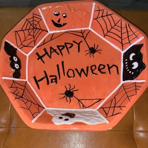 Happy Halloween Ceramic 10 Inch Decorations Round Candy Dish, Black Spider Web - Picture 1 of 4