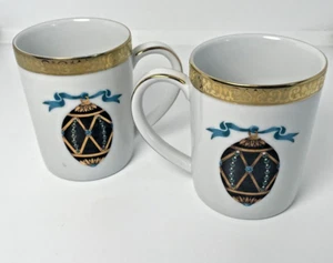 2 Mugs Black Faberge Egg Gold Buffet Royal Gallery with Thick Gold Trim 1991 - Picture 1 of 12