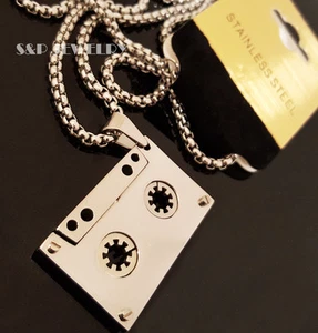 New Stainless Steel Music Cassette Tape Pendant & 24" Round Box Chain Necklace - Picture 1 of 4