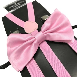 PINK Skinny Suspender & Bow Tie Set for Adults Men Women Teens Prom Wedding - Picture 1 of 2