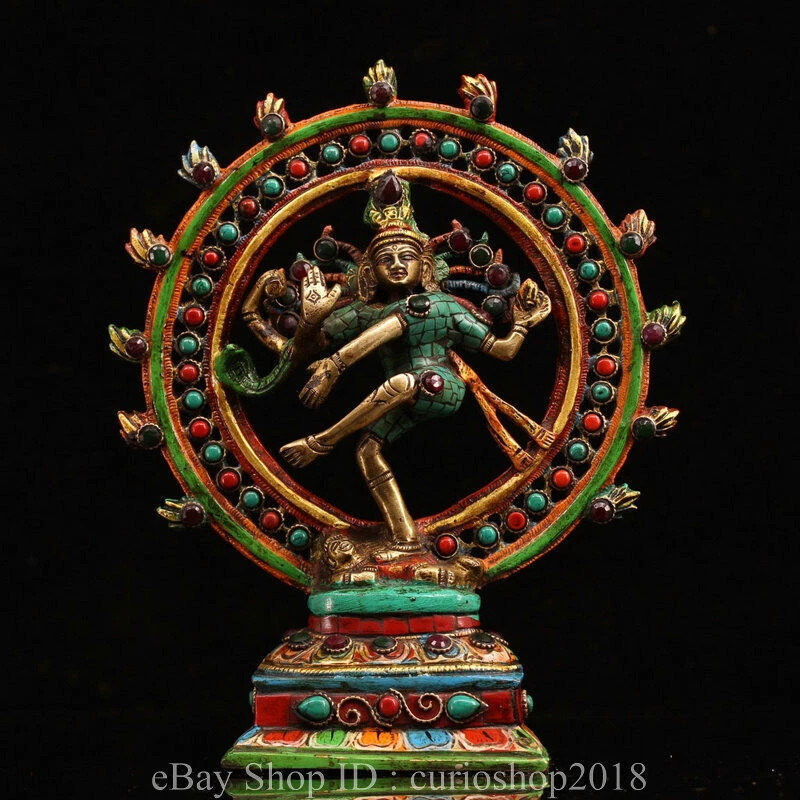 9.6"Old Tibet Copper Inlay Turquoise Gem Shiva Nataraja King Dance Buddha Statue - Image 1 of 4