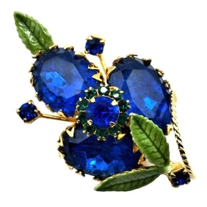 VIntage Strass Emaille Brosche Hobe Hohlraum blau grün Blätter goldfarben Ton Pin - Bild 1 von 9