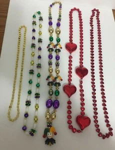 Five Mardi Gras Beads Necklaces New Orleans Hearts, Jester, Dice - Picture 1 of 10