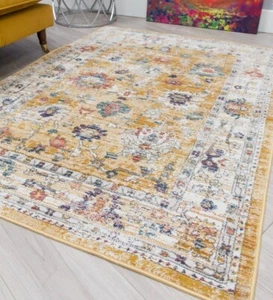 Old Gold Vintage Style Rugs Faded Big Large Modern Floral Patterned Floor Rug - Picture 1 of 7