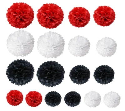 18Pcs Black, Red & White Tissue Paper Pom Pom Kit. Wedding, Party, Celebration - Image 1 of 4