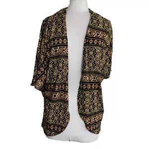Discreet Womens Cardigan Sz Medium Open Front Black Brown Geometric Short Sleeve - Picture 1 of 6