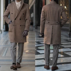 Men Long Overcoat Brown Herringbone Wool Blend Coat Winter Business Outwear - Picture 1 of 18