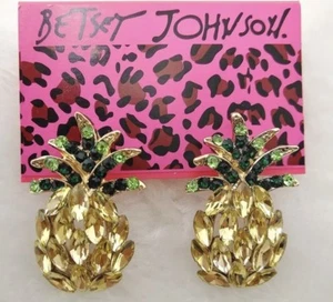 Betsey Johnson Ananas Ohrringe Hawaii GOLD Kristalle Geschenkbox Organzabeutel  - Bild 1 von 12