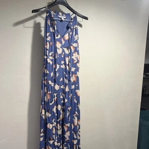 Maxi Vestido Nine West Azul Naranja Estampado Abstracto Sin Mangas en Niveles Talla L Grande - Imagen 1 de 10