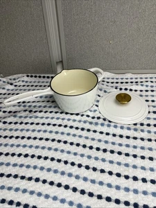 Crofton White Enameled Cast Iron 1.75 qt Sauce Pan Spout & Lid w/Gold Handle - Picture 1 of 7