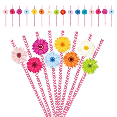 24Pcs Colorful Floral Paper Straws For Beverages Cocktail Party Decor VWGG - Image 1 of 4