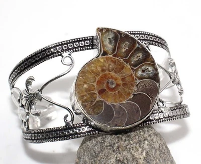 Brazalete étnico fósil de amonita enchapado en plata 925 talla 6,5" GW Foto 1 de 3