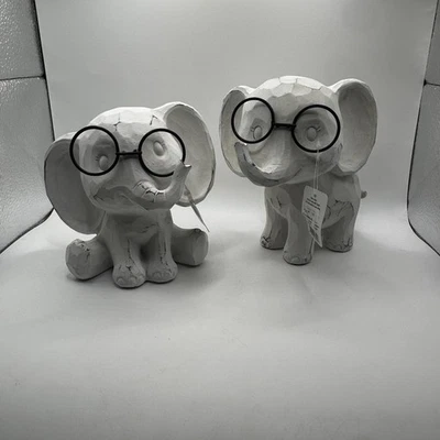 Juego de 2 elefantes con gafas Raz Imports blanco envejecido Foto 1 de 4