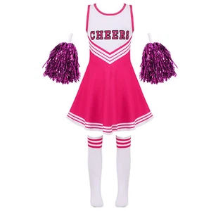 Kid Girls Cheerleading Uniform Dress Outfit Stockings 2 Pom Poms Cosplay Costume - Picture 1 of 21