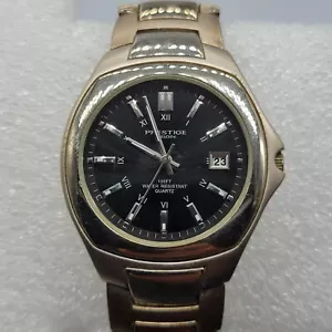 Prestige by Elgin Men Watch 35mm Black Dial Date Silver Tone Band New Battery * - Picture 1 of 16