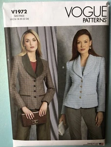 Vogue Pattern V1972 Fitted Jacket Shawl Collar Sizes 16 18 20 22 24 UNCUT - Picture 1 of 2