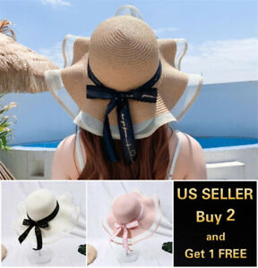 Women's Summer Bow Large Floppy Folding Wide Brim Cap Sun Straw Beach Hat A