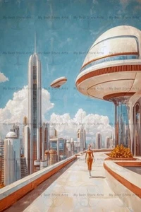 IMPRESIÓN DE ARTE RETRO FUTURISTA CIUDAD ESPACIAL, decoración de ciencia ficción vintage, póster de nave espacial - Imagen 1 de 2