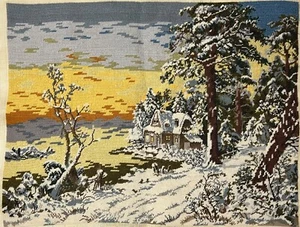 WINTER SNOW SCENE LAKE HOME Finished Hand-Stitched Needlepoint Tapestry 20x15.5" - Picture 1 of 8