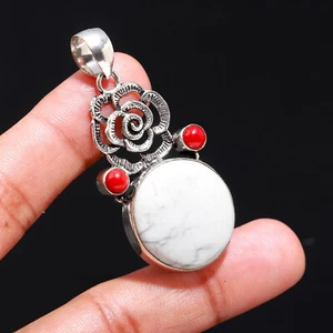 White Howlite,Red coral Handmade 925 Sterling Silver Jewelry Pendant for Women - Picture 1 of 2