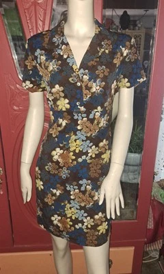 Vtg 90s No Boundaries Dress 11 Brown Blue Gold Mod Floral Short 70s Style - Image 1 of 4