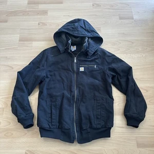 Carhartt Canvas Removable Hooded Black Jacket Youth Large Full Zip Sherpa Lined - Picture 1 of 9