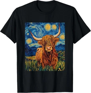 Divertida camiseta unisex Highland Cow gráfica - estilo Van Gogh - Noche estrellada - Imagen 1 de 2