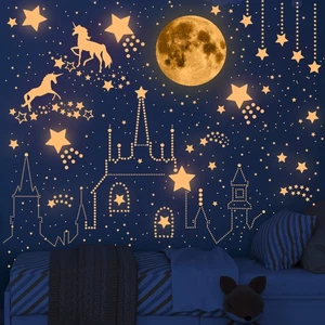 Glow in the Dark Unicorn & Moon Star Wall Decals Girls Room Luminous Stickers - Picture 1 of 6