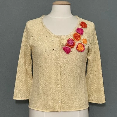 Cárdigan De Colección Sigrid Olsen PM Marfil Floral Embellecido Femenino Casa Abuela Foto 1 de 4