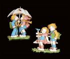 2 VTG Dart Boy & Girl at Fence and w/Umbrella Wall Hangings Plaques Colorful