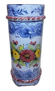 Vintage Hand Painted Majolica Floral Umbrella Stand From Portugal Blue White - Picture 1 of 4