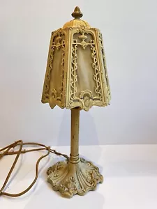 Antique Art Nouveau 6-Panel Slag Glass Cast Metal Table Boudoir Lamp - Picture 1 of 16