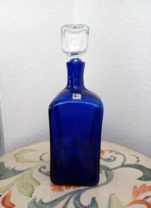 Vintage Blenko Cobalt Blue Glass Decanter Bottle Large pinched square - Picture 1 of 16