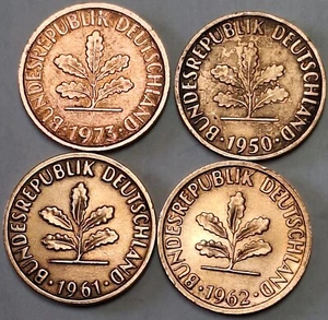 2 Pfenning Coins from Germany, 1950 F, 1961 F, 1962 F, & 1973 D, Total 4 coins. - Picture 1 of 2