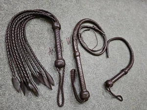 Top Cowhide Leather Set 4 Feet Bullwhip 31'' Kinky Whip & 9 Tails Stingy Flogger - Picture 1 of 26