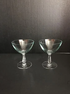 2 Vt. Fostoria  Light Teal Tinted Wedding Toast Champagne Glasses 4” Tall - Picture 1 of 4