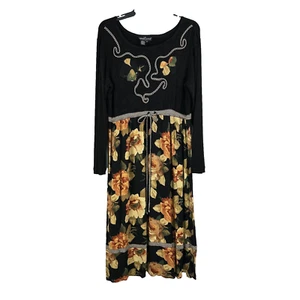Vtg Y2K Carole Little Shift Dress Womens 10P Black Tan Floral Ribbed Long Sleeve - Picture 1 of 7