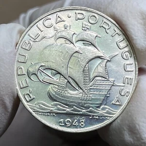 🇵🇹 Portugal 5 Escudos Caravel Boat Silver 1948 KM# 581 GEM TONED UNC - Picture 1 of 2