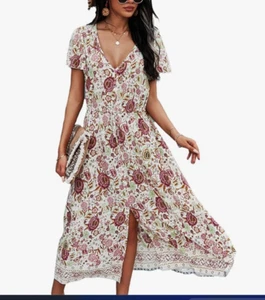 TEMOFON Women's Summer Bohemian Short Sleeve Floral Print Maxi Dress small - Picture 1 of 3