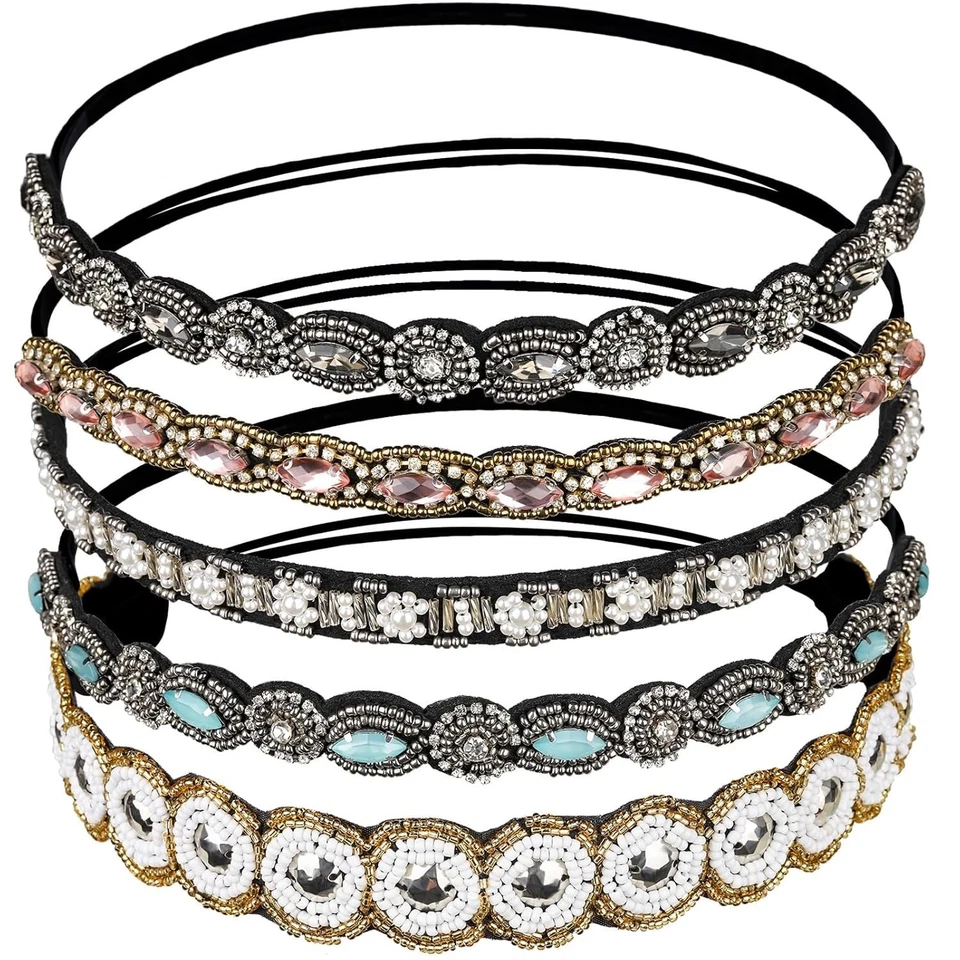 Teenitor Rhinestone Beaded Elastic Headband Fashionable Handmade Crystal 5styles