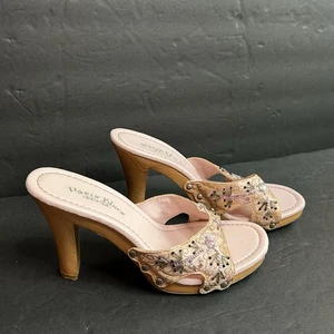 Vintage Y2K Paris Blues ADALIA Sandal Wooden Heels, Beaded, Floral, Pink WM 7.5 - Picture 1 of 7