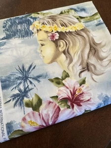 Hoffman Intl Cotton Fabric Hawaiian Island Child's Profile Pink Hibiscus Blue 3Y - Picture 1 of 9