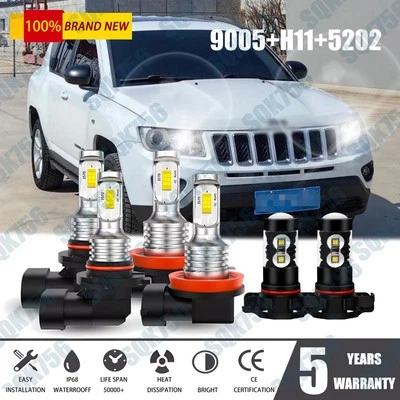 6x For Jeep Compass 2011 2012 2013 - 6000K LED Headlights + Fog Bulbs Combo Kit - Image 1 of 4