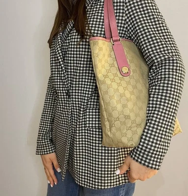 GUCCI GG Canvas Leather Tote Bag Hand Bag Beige Pink - Image 1 of 4