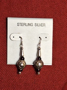 925 Sterling Silver & Etched Bead Drop Earrings 1 1/2 in long - Picture 1 of 5