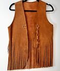 Vintage Leather Vest Unisex Suede Leather Western Hippie Long Fringe Bust 34 Brn