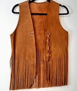 Vintage Leather Vest Unisex Suede Leather Western Hippie Long Fringe Bust 34 Brn - Picture 1 of 10
