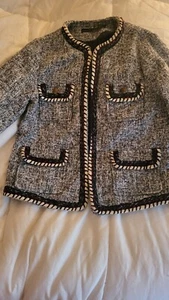 ZARA NEW ECRU grey TWEED BLAZER WITH TRIMS SIZE M - Picture 1 of 16