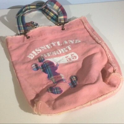Bolso de Mano Walt Disney World Mickey Mouse 55 Rosa Lona a Cuadros Doble Asa *MARCA Foto 1 de 4