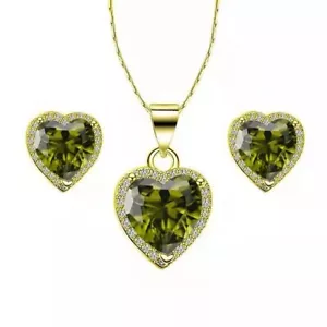 10k Yellow Gold Heart 2Ct Created Peridot CZ Full Set Necklace 18 inch Plated - Picture 1 of 1